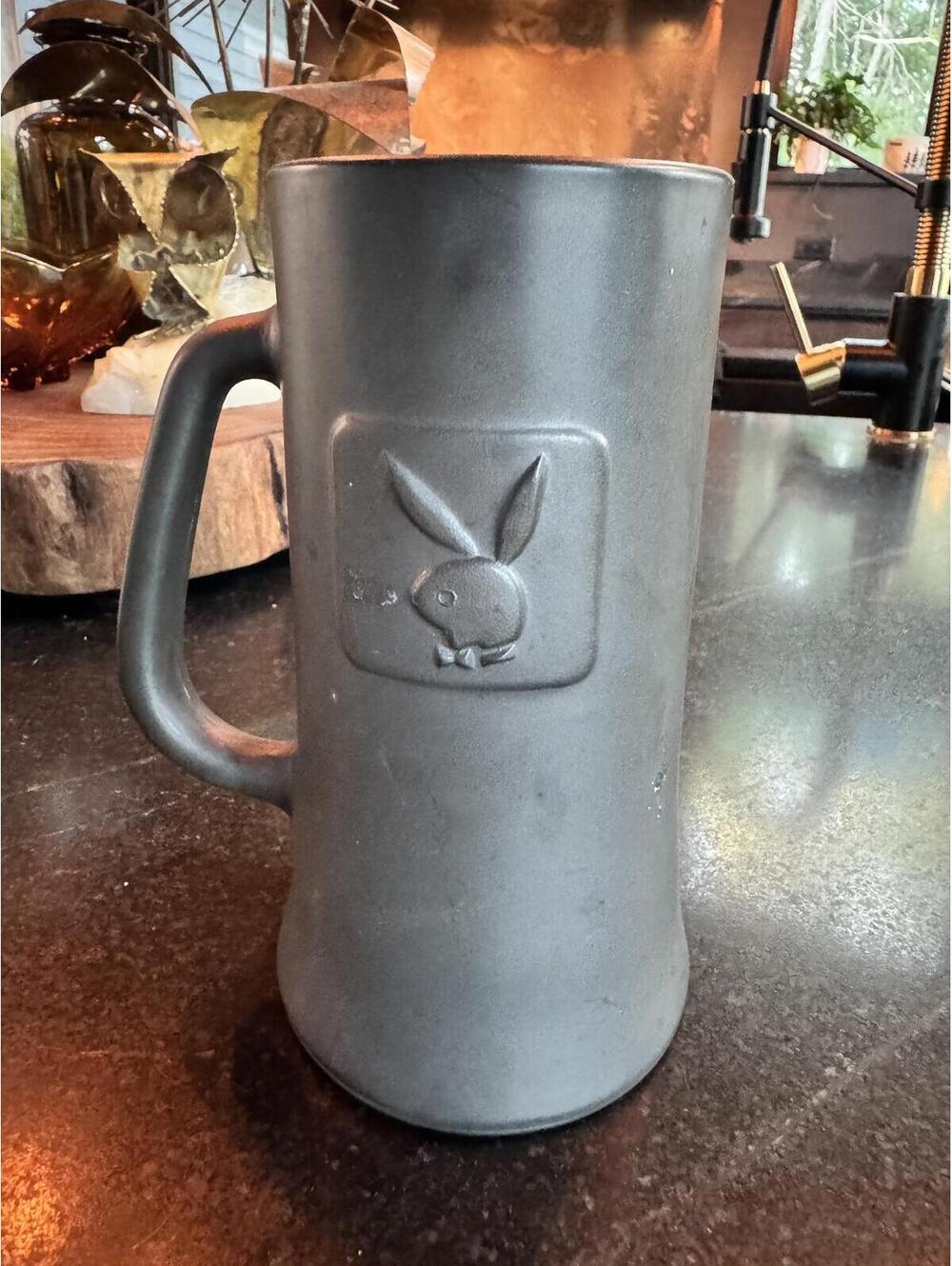 Vintage 1970s Playboy Club Glass Beer Stein - Matte Grey Bunny Logo Tankard